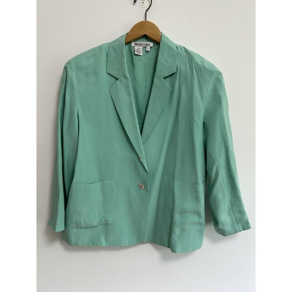 Women’s 100% Silk Winter Silks Green Blue Blazer Size LP Basic Layering Classic‎